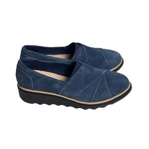 Clarks Sharon Dolly Navy Blue Suede Wedge Loafers Womens 8.5 Wide 261474285060